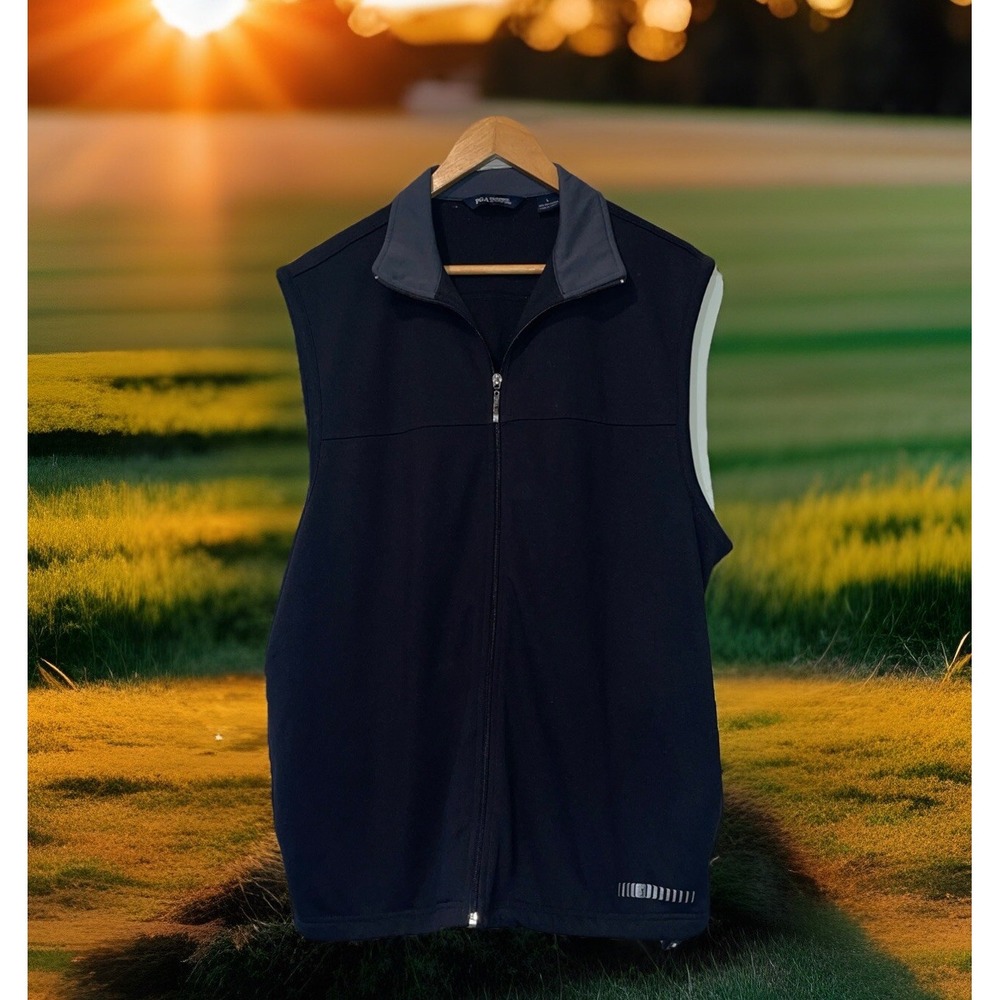 PGA TOUR Golf Vest Men Large Black Full Zip Fleece Lined Pockets Sleeveless